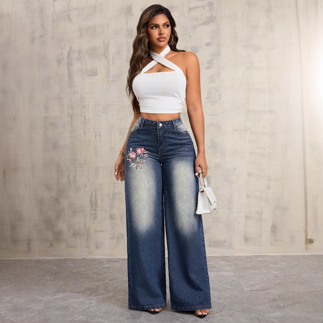 Damen Weite Jeans Blumenstickerei Eveloria