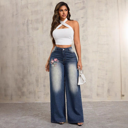 Damen Weite Jeans Blumenstickerei Eveloria