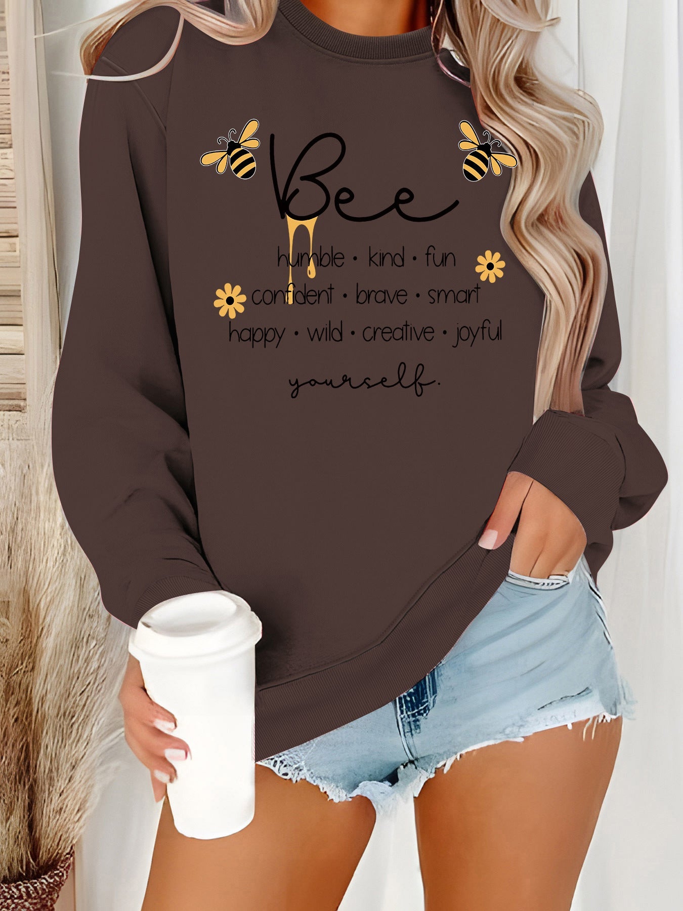 Damen Sweatshirt Bienenmotiv Positives Design Grau
