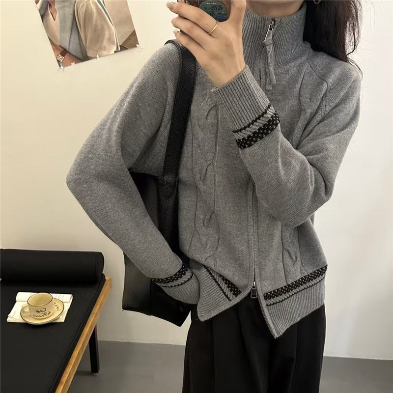 Damen Strickjacke Zopfmuster mit Reißverschluss
