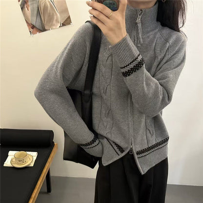 Damen Strickjacke Zopfmuster mit Reißverschluss