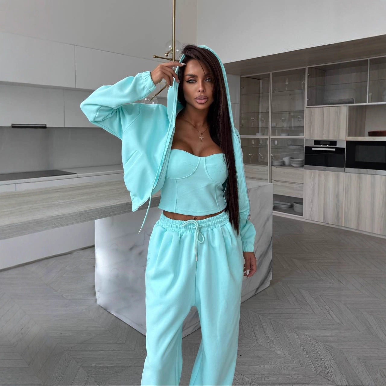 Damen Lounge-Set mit Cropped-Oberteil und Weitem Hoodie