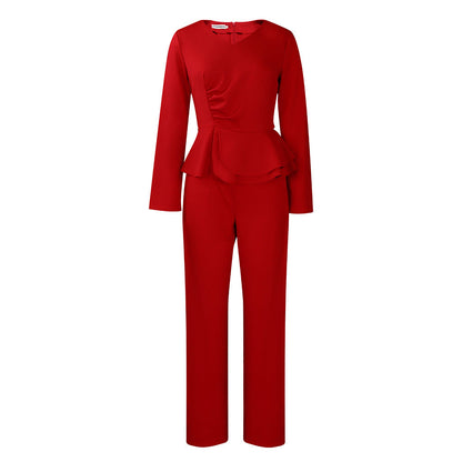 Damen Jumpsuit Peplum Schnitt Langer Ärmel Eveloria