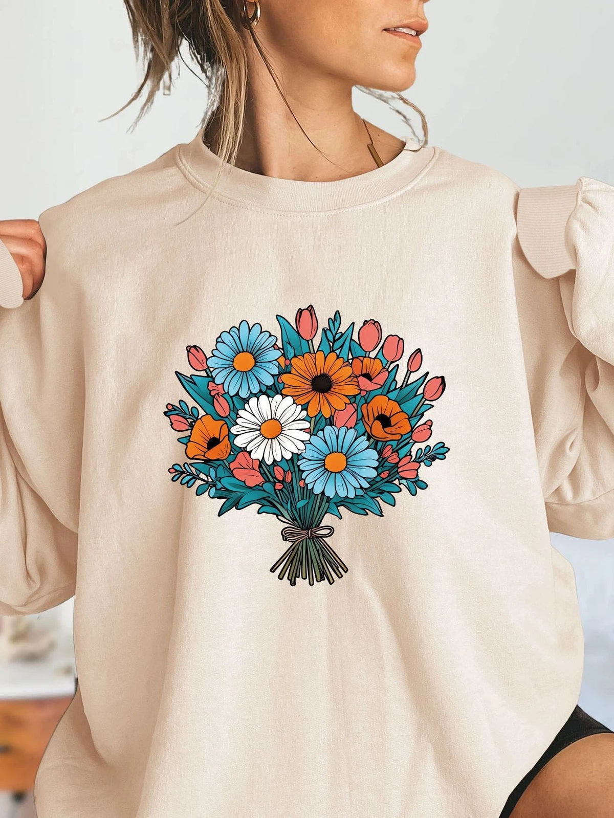 Damen Oversized Sweatshirt Florale Grafikdetails Grau