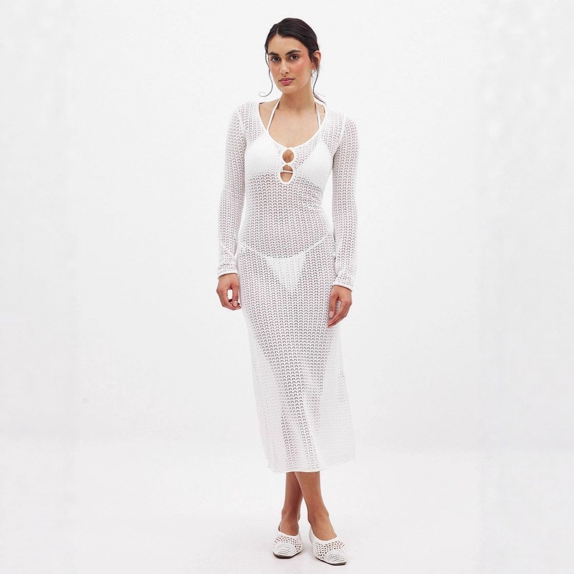 Damen Strickkleid Langärmlig Netzdesign Eveloria