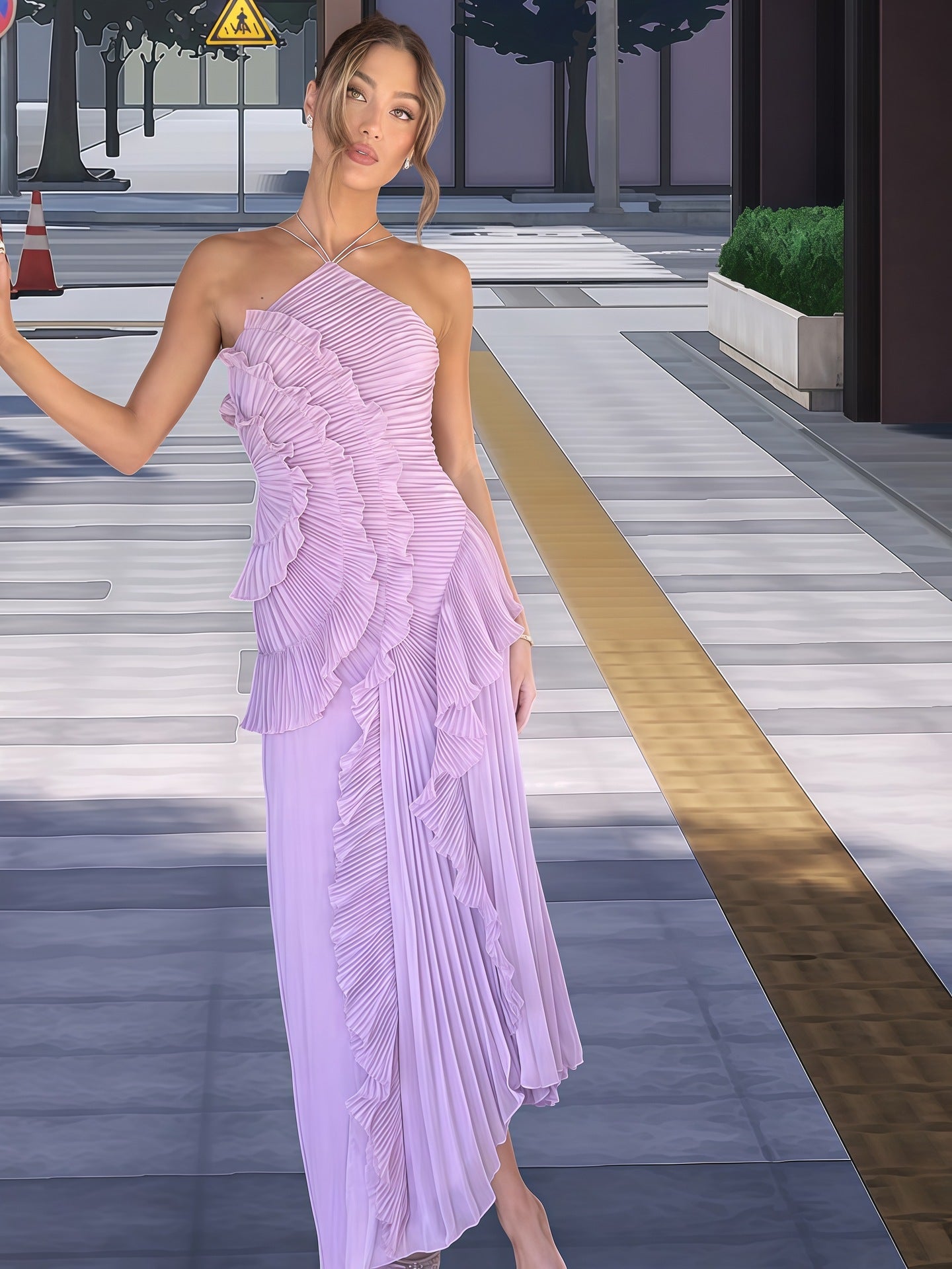 Damen Wickelkleid mit Faltenrock und Rüschendetails Eveloria