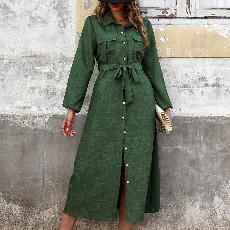 Damen Hemdblusenkleid Langarm mit Gürtel und Schlitz