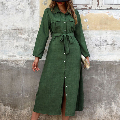 Damen Hemdblusenkleid Langarm mit Gürtel und Schlitz
