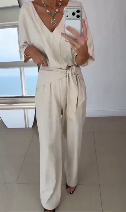 Damen Jumpsuit Tailliert Wickelgürtel Eveloria