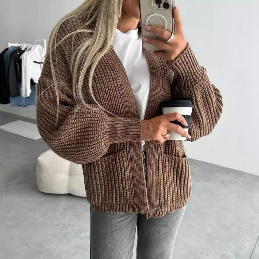 Damen Strickjacke Voluminöse Ärmel Taschen Eveloria - Eveloria