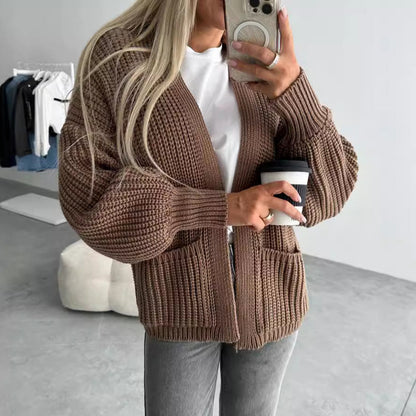 Damen Strickjacke Voluminöse Ärmel Taschen Eveloria - Eveloria
