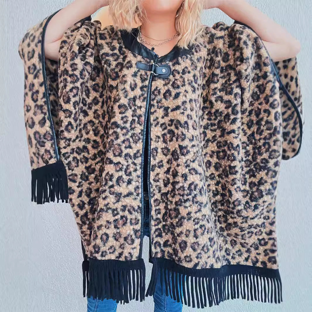 Damen Poncho Fransen Tierprint