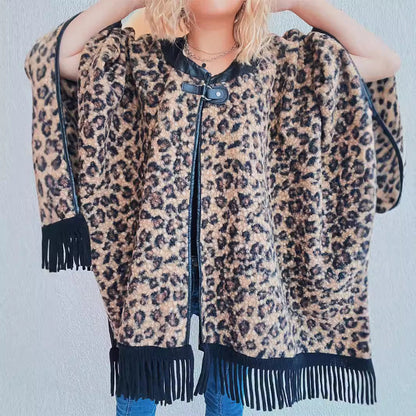 Damen Poncho Fransen Tierprint