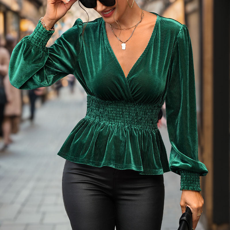 Eveloria Damen V-Pullover Geraffte Taille Lange Ärmel