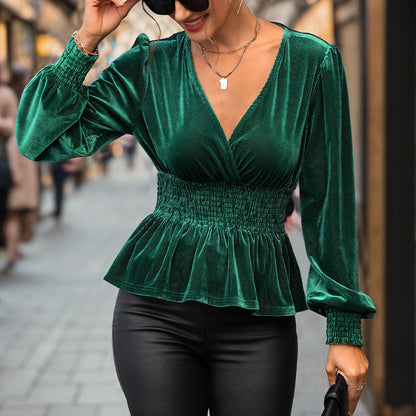 Eveloria Damen V-Pullover Geraffte Taille Lange Ärmel