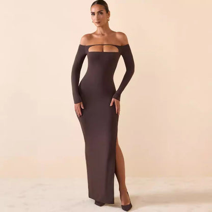 Damen Langarmkleid Figurbetont Cut-Out-Design Schulterfrei