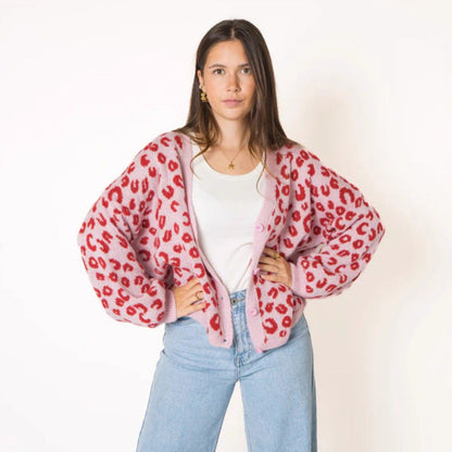 Damen Strickjacke Leopardenmuster Offenem Strukturdesign