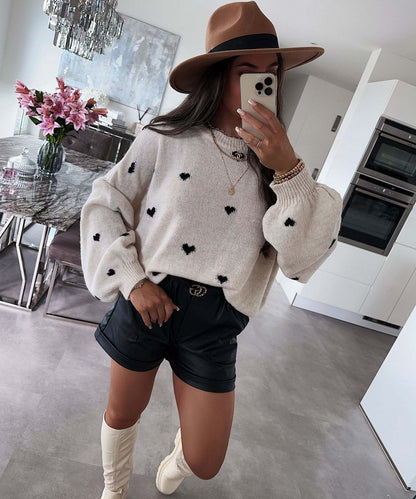 Damen Strickpullover Weitem Schnitt Herzmotiv Kuschelig