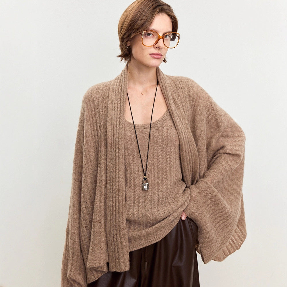 Damen Strickponcho Feine Wolle Luftig Beige