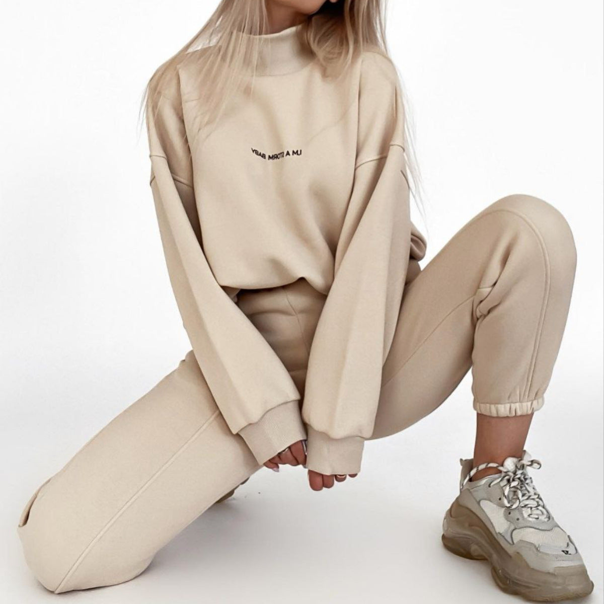 Damen Sportliches Sweatshirt Jogginghose Set Hochkragen Weites Design