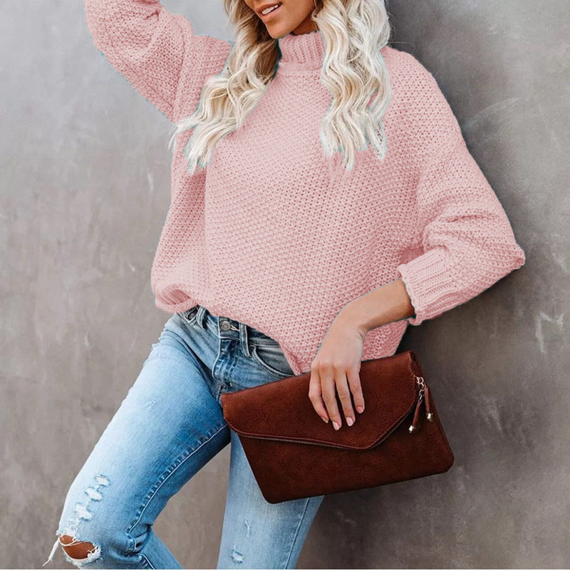 Damen Grobstrickpullover Rollkragen Lässig Eveloria