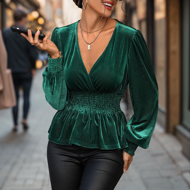 Eveloria Damen V-Pullover Geraffte Taille Lange Ärmel