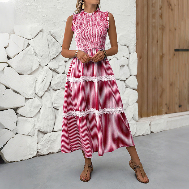 Damen Maxikleid Gestreift Voluminöse Rüschen Weiss