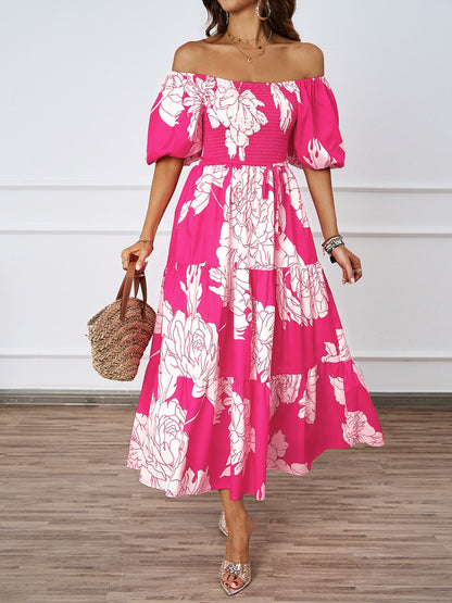Damen Maxikleid Off-Shoulder Voluminöse Ärmel Floral-Print