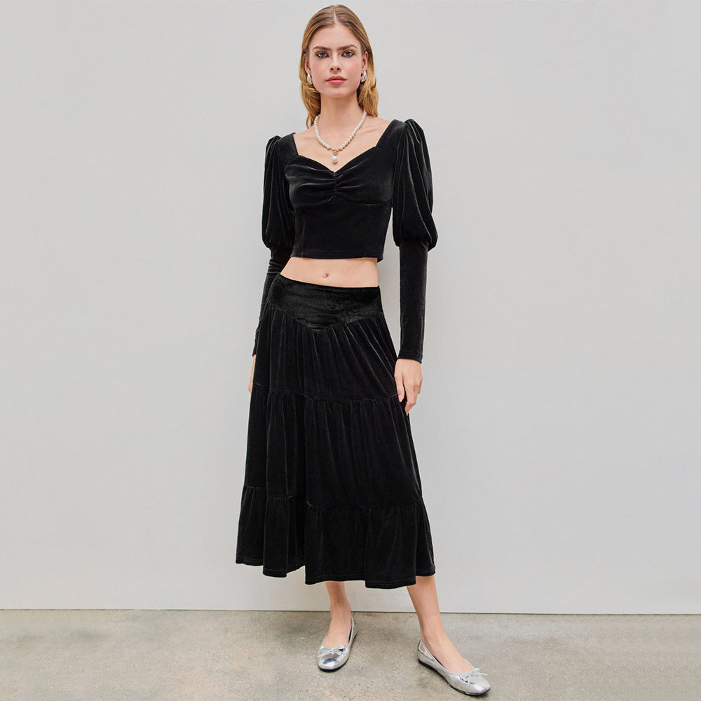 Damen Rüschenshirt Set mit Maxi-Rock Elegant
