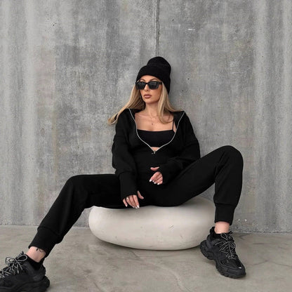 Damen Sportlicher Jumpsuit Reißverschluss Hochkragen Eveloria