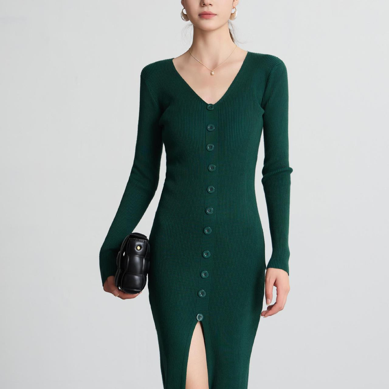 Damen Langarm Strickkleid V-Ausschnitt Durchgehende Knopfleiste - Eveloria