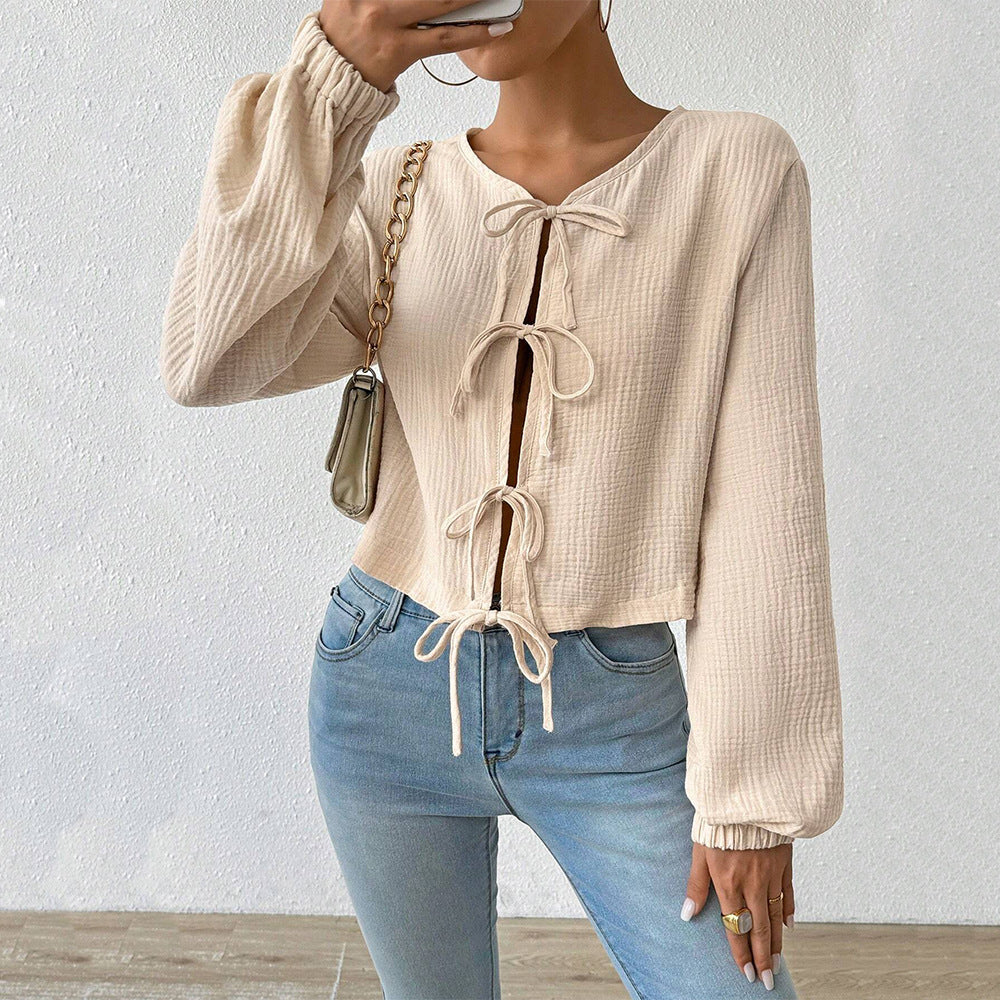 Damen Cropped Bluse Raffinierte Schnürdetails Eveloria