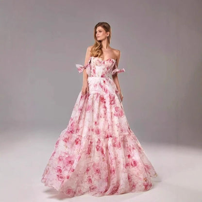 Damen Maxikleid mit Blumenmuster und Rüschen Trägern Schwarz - Eveloria