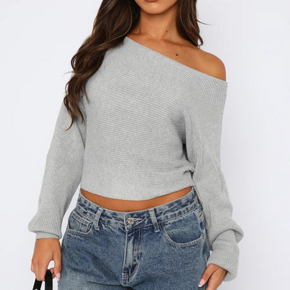 Damen Crop-Pullover Asymmetrischer Ausschnitt Rippstruktur Beige