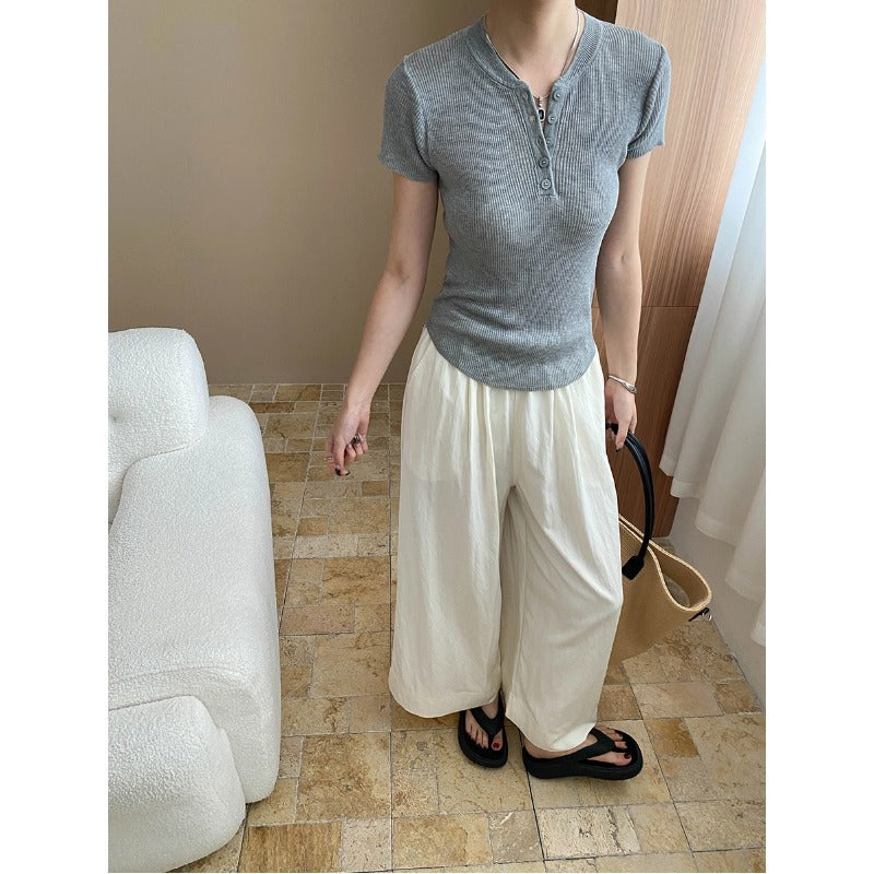 Damen Kurzarm Oberteil Ribb-Baumwolle Knopfleiste Beige