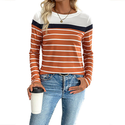 Damen Langarmshirt Kontraststreifen Baumwolle Lässig Weiß