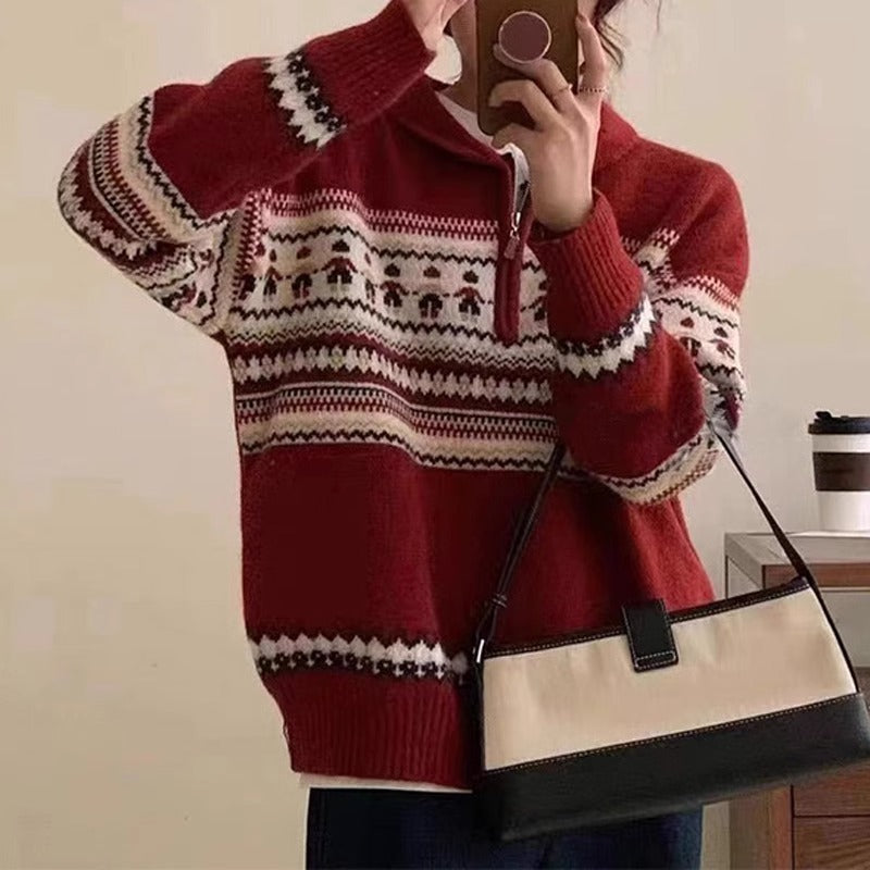 Damen Grobstrickpullover Kängurutasche Stehkragen Beige