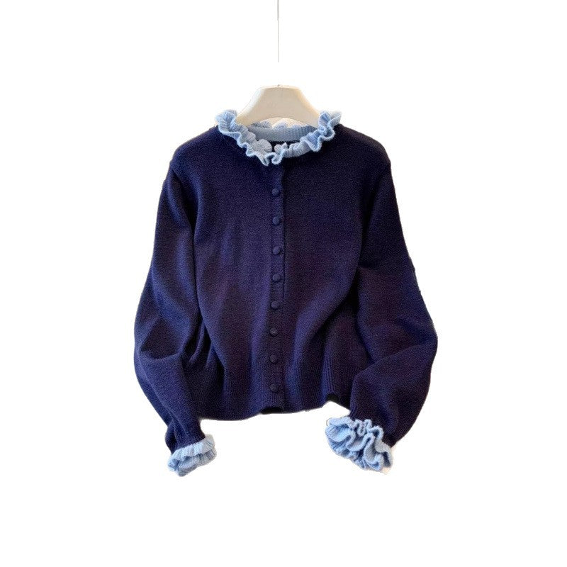 Damen Strickjacke Rüschenkragen Knöpfe Eveloria