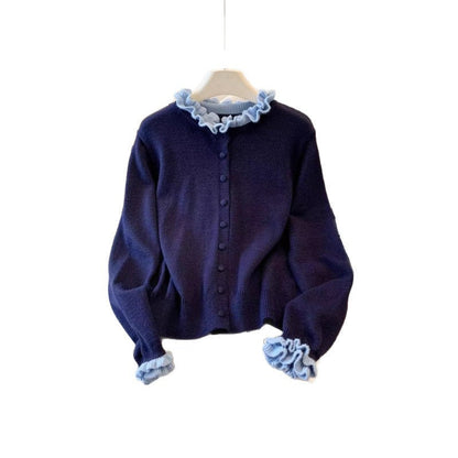 Damen Strickjacke Rüschenkragen Knöpfe Eveloria
