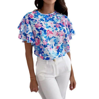 Damen Bluse Voluminöse Rüschenärmel Florales Design