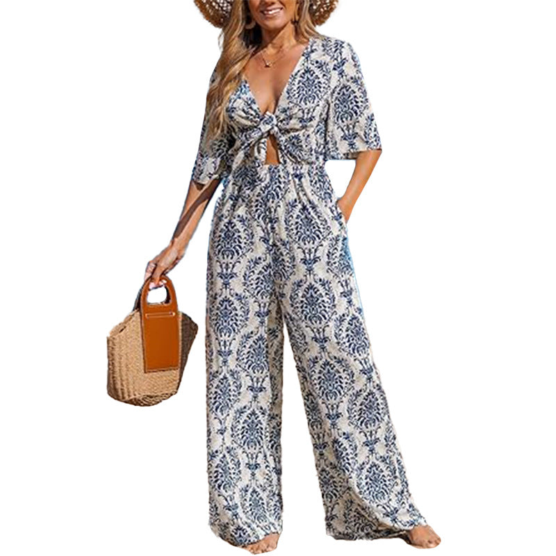 Damen Jumpsuit Weites Bein Elegant Wickeldetail Eveloria