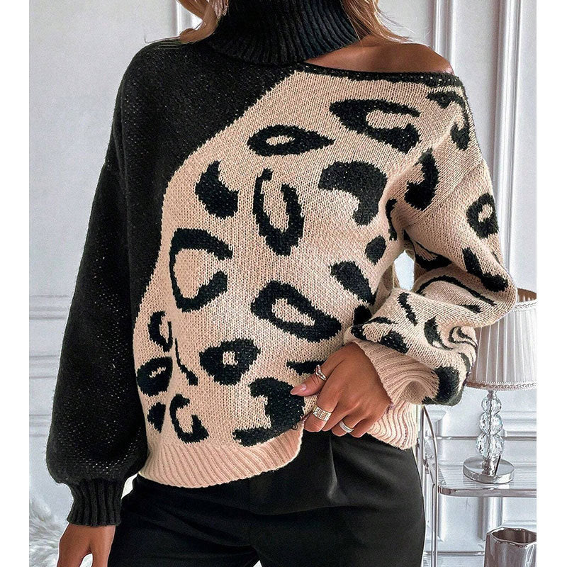 Damen Strickpullover Leopardenmuster Stehkragen Eveloria - Eveloria