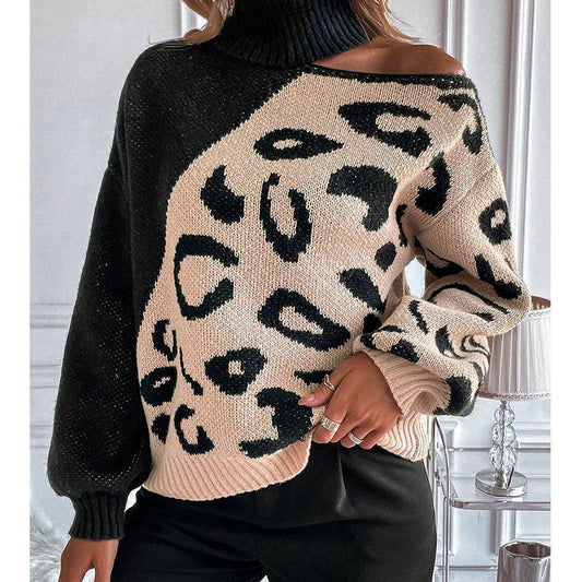 Damen Strickpullover Leopardenmuster Stehkragen Eveloria - Eveloria