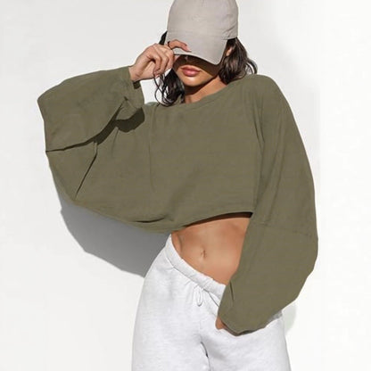Damen Cropped Sweatshirt Voluminöse Ärmel Lässiger Schnitt Grau