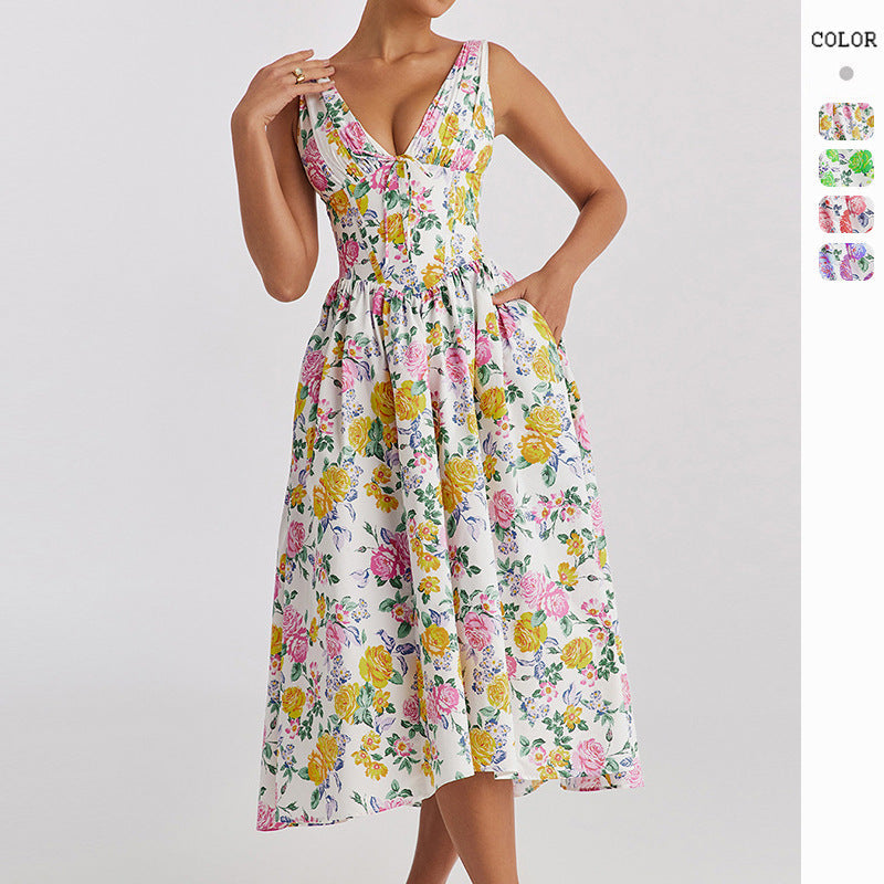 Damen Midikleid Floralmuster V-Ausschnitt Eveloria - Eveloria