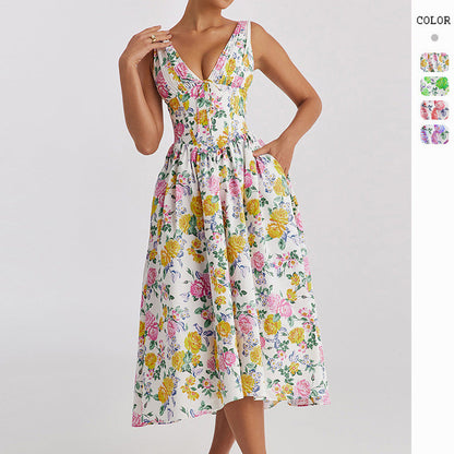 Damen Midikleid Floralmuster V-Ausschnitt Eveloria - Eveloria