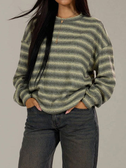 Damen Strickpullover Kuschelfleece Streifenmuster Beige