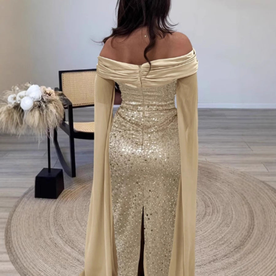 Damen Abendkleid Schulterfrei Glitzernd Langärmlig Eveloria