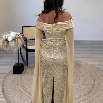 Damen Abendkleid Schulterfrei Glitzernd Langärmlig Eveloria