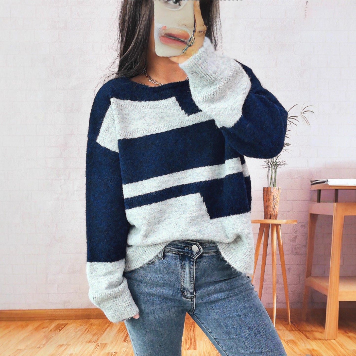 Damen Strickpullover Blockstreifen Modern Eveloria - Eveloria